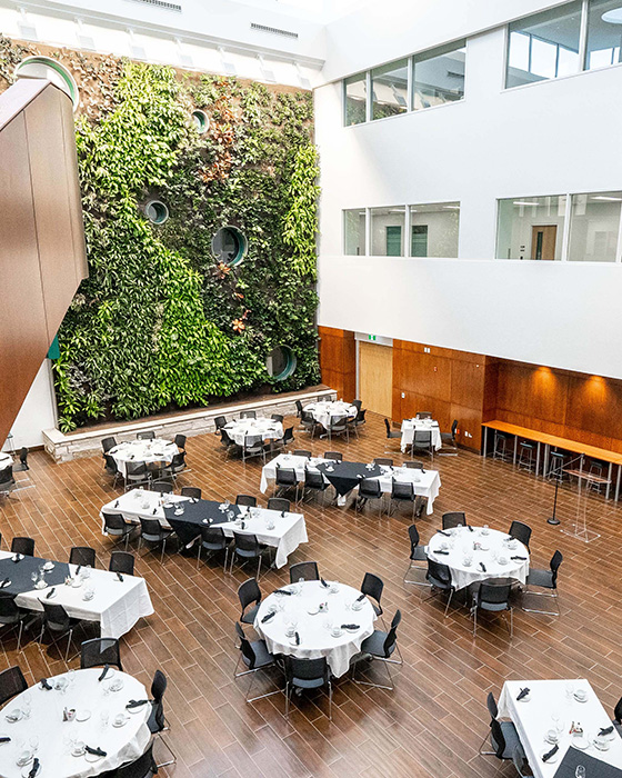 Bright indoor event space with wood flooring, modern seating, and a tall living green wall featuring circular windows and surrounding white walls.